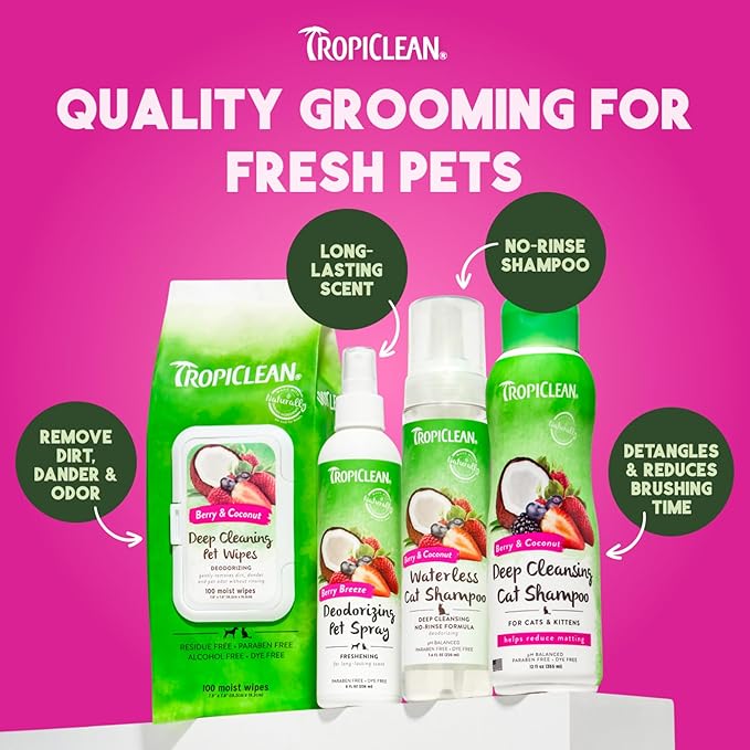 TropiClean Berry &amp; Coconut Waterless Cat Shampoo | Deep Cleansing Dry Shampoo for Cats | Natural Cat Shampoo Derived from Natural Ingredients | Made in the USA | 7.4 oz.