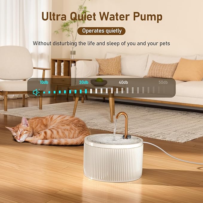 DOOOB Ceramic Cat Water Fountain, 2.1L/71oz Ceramic Cat Fountains, Automatic Pet Water Fountain for Cats, Pet Water Fountain with Ultra-Quiet Pump and 3 Filters &amp; 3 Sponges (Beige)