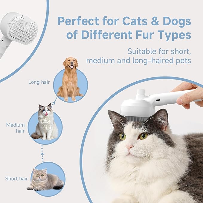 REIKIYA Cat Steam Brush,4-in-1 Spray Hair Removal Dog Brush for Shedding &amp; Grooming with UV Light, Anti-Static Pet Spray Comb with One-Click Release Button