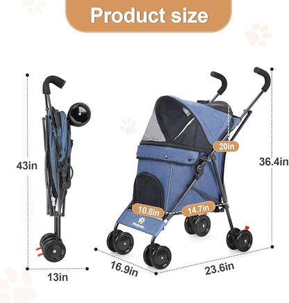 Wedyvko Travel Portable Dog Stroller, Pet Stroller for Small Puppy Dogs &amp; Cats, Up to 33 lbs, Navy Blue