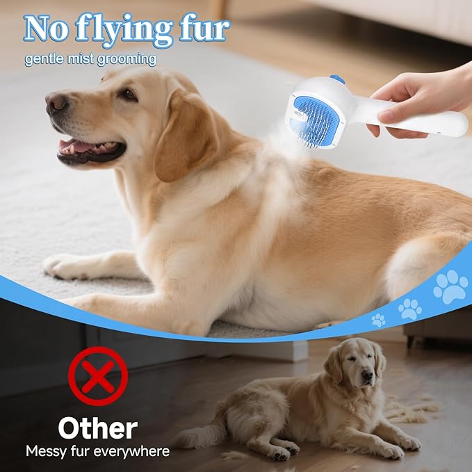 Pet Steam Brush for Dog &amp; Cat - 3-in-1 Steam Grooming Brush for Shedding &amp; Hair Removal - Self Cleaning Spray Comb with Mist for Long Haired Pets, Blue