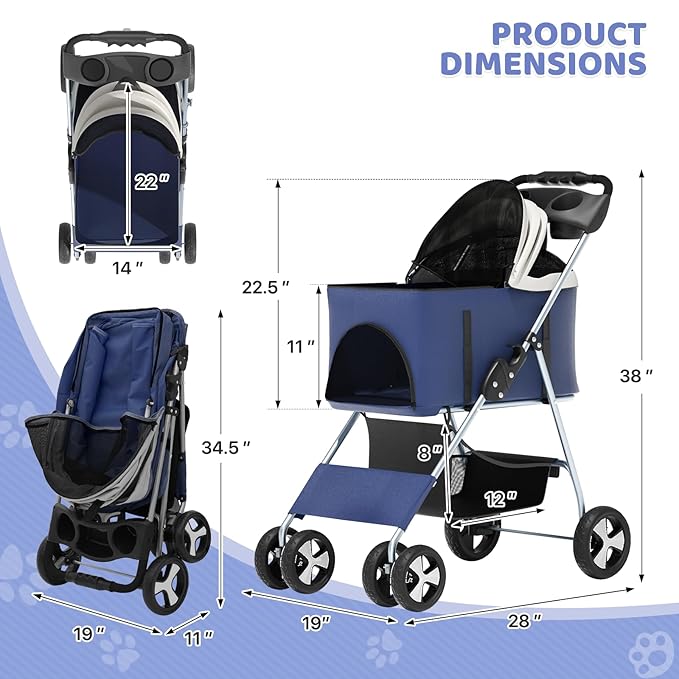 Magshion Foldable Pet Stroller, 3-in-1 Dog Travel Jogger with Detachable Carrier, Cup Holder, Storage Basket, Folding Carrier for Small/Medium Dogs &amp; Cats Up to 33 lbs, Navy Blue