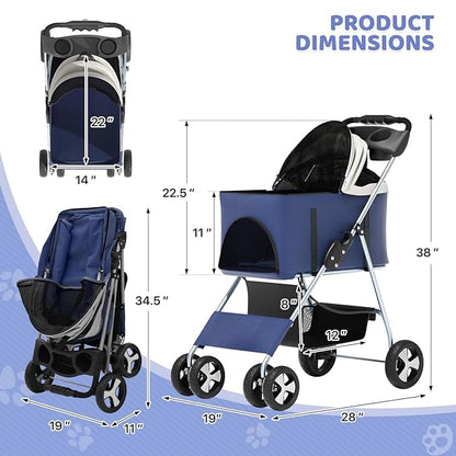 Magshion Foldable Pet Stroller, 3-in-1 Dog Travel Jogger with Detachable Carrier, Cup Holder, Storage Basket, Folding Carrier for Small/Medium Dogs &amp; Cats Up to 33 lbs, Navy Blue