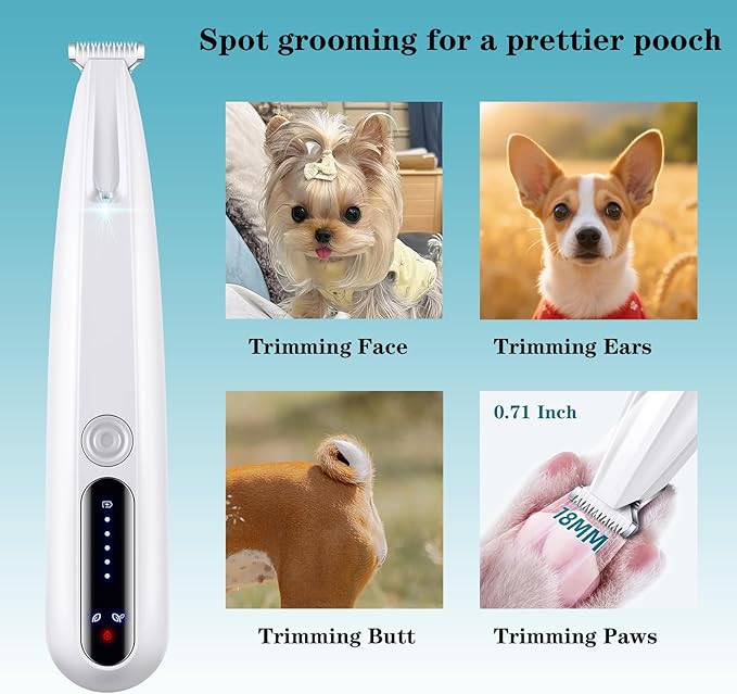2 Mode Paw Trimmer for Dogs &amp; Cats - Electric Quiet Dog &amp; Cat Grooming Trimmer, Rechargeable Clipper with LED Light, 2 Blades, Waterproof for Paws/Ears/Face