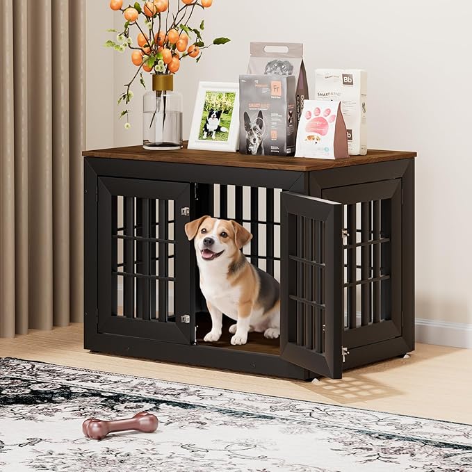 38" Heavy Duty Dog Crate Furniture for Small,Medium and Large Dogs,Rustic Wooden Dog Cage Kennel Indoor Furniture with Waterproof Top,Decorative Pet House Side End Table (Black &amp; Wood)