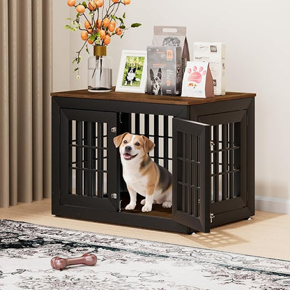 38" Heavy Duty Dog Crate Furniture for Small,Medium and Large Dogs,Rustic Wooden Dog Cage Kennel Indoor Furniture with Waterproof Top,Decorative Pet House Side End Table (Black &amp; Wood)