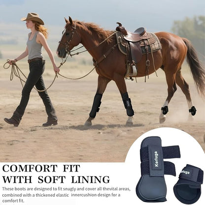 Horse Boots Set of 4 Open Front &amp; Fetlock Tendon Boot for Horses Professional Sport Protection Impact-Absorbing Equine Leg Support Wraps for Jumping, Riding, Training (Black, Full)