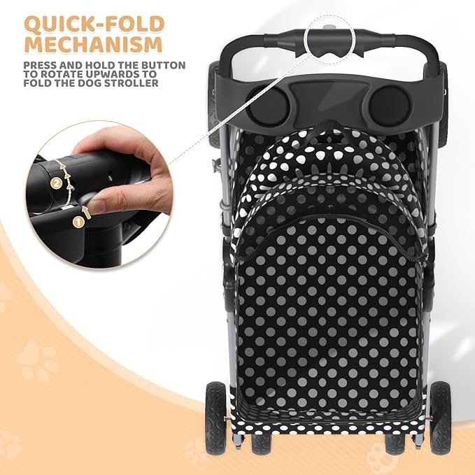 Magshion Foldable Pet Stroller, 3-in-1 Dog Travel Jogger with Detachable Carrier, Cup Holder, Storage Basket, Folding Carrier for Small/Medium Dogs &amp; Cats Up to 33 lbs, Black Polka Dots