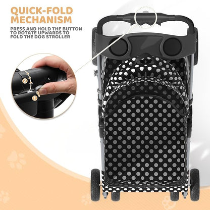Magshion Foldable Pet Stroller, 3-in-1 Dog Travel Jogger with Detachable Carrier, Cup Holder, Storage Basket, Folding Carrier for Small/Medium Dogs &amp; Cats Up to 33 lbs, Black Polka Dots
