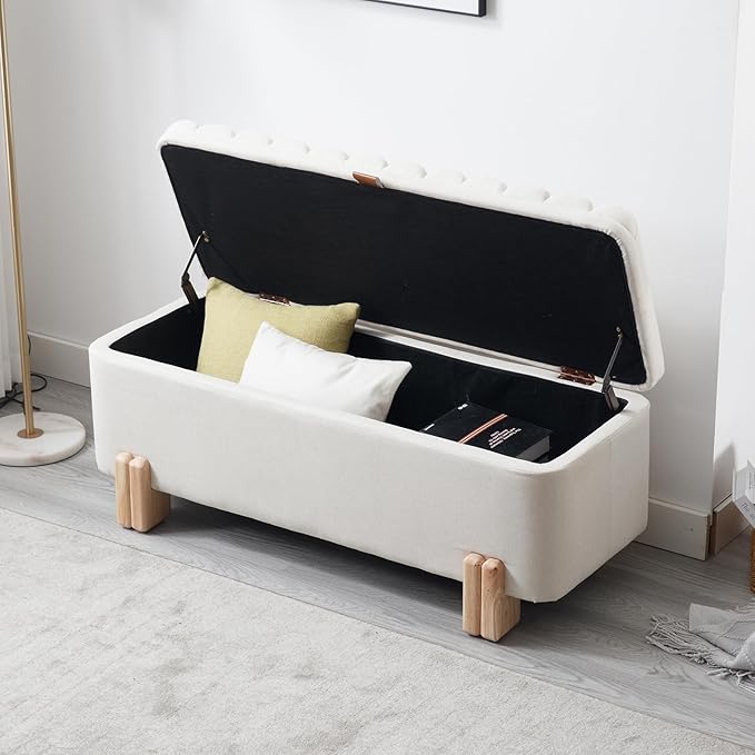 Kmax 45" Storage Bench Linen Entryway Bench Upholstered Ottoman Bench with Wavy Top &amp; Safty Hinge for Bedroom Living Room Hallway, Beige