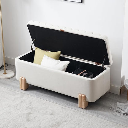 Kmax 45" Storage Bench Linen Entryway Bench Upholstered Ottoman Bench with Wavy Top &amp; Safty Hinge for Bedroom Living Room Hallway, Beige