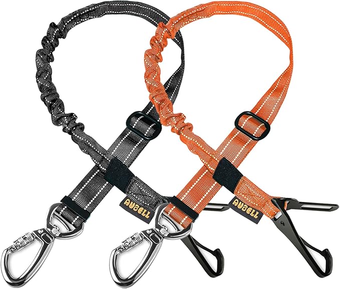 AUBELL Dog Seat Belt for Car,2 Pack Set 3-in-1 Adjustable Reflective Bungee Heavy Duty Dog Car Harness Tether with Clip Hook Latch &amp; Buckle,Swivel Zinc Alloy Carabiner,Black+Orange