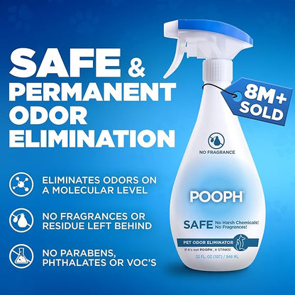 POOPH® Pet Odor Eliminator Spray – 32oz Single &amp; 32oz 2-Pack Bundle – No Fragrance, No Harsh Chemicals, Safe for Pets &amp; People, Eliminates Odors Fast – Home, Auto, Furniture &amp; More