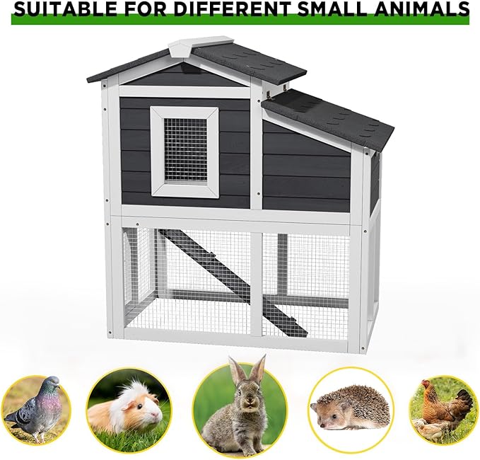 2 Story Rabbit Cage, Weatherproof Rabbit Hutch Indoor &amp; Outdoor, Wooden Guinea Pig Cages with Removable Tray Openable Roof for Small to Medium Animals