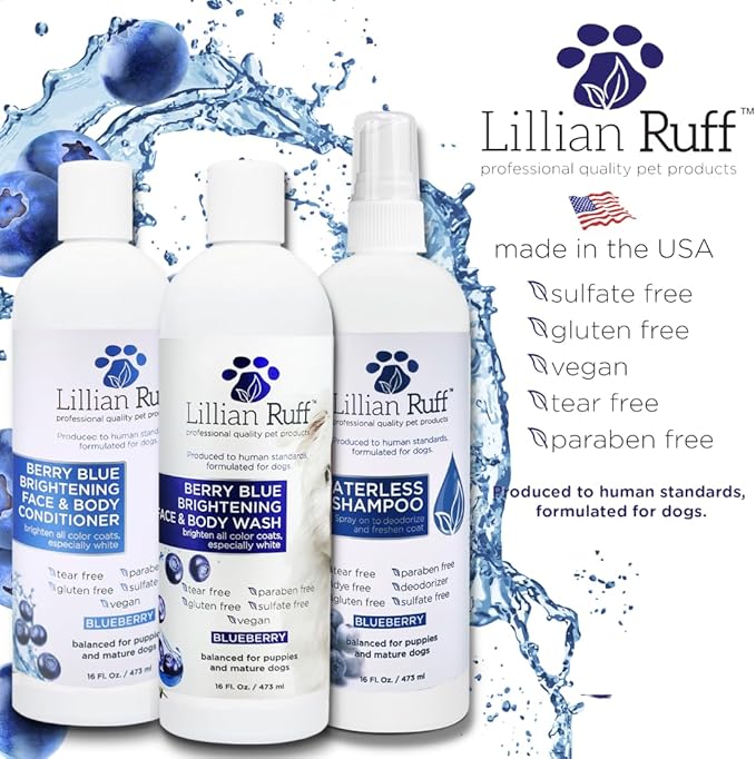 Lillian Ruff PRO Formula Berry Blue Brilliance Bundle - Ultimate Tear Stain &amp; Odor Eliminator Set, Includes Berry Blue Shampoo, Conditioner &amp; Waterless Shampoo, Hydrate, Soften &amp; Detangle, USA Made