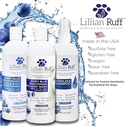 Lillian Ruff PRO Formula Berry Blue Brilliance Bundle - Ultimate Tear Stain &amp; Odor Eliminator Set, Includes Berry Blue Shampoo, Conditioner &amp; Waterless Shampoo, Hydrate, Soften &amp; Detangle, USA Made