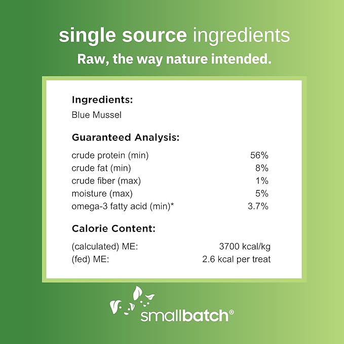 smallbatch Pets Freeze Dried Cat &amp; Dog Treats, 2oz - 100% Blue Mussels, Organic High Protein Treats, Omega 3 Fatty Acids, Gluten Free, Grain Free, Made in The USA, Ethically Sourced, Single Protein