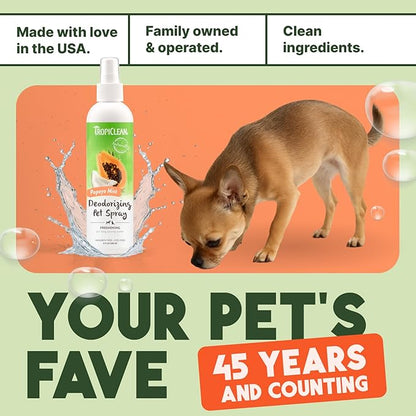 TropiClean Dog Perfume, Long Lasting Papaya Cologne, Deodorizing Spray for Smelly Dogs, After Bath Detangling Spray with Vitamin E, Safe for Cats, 8oz.