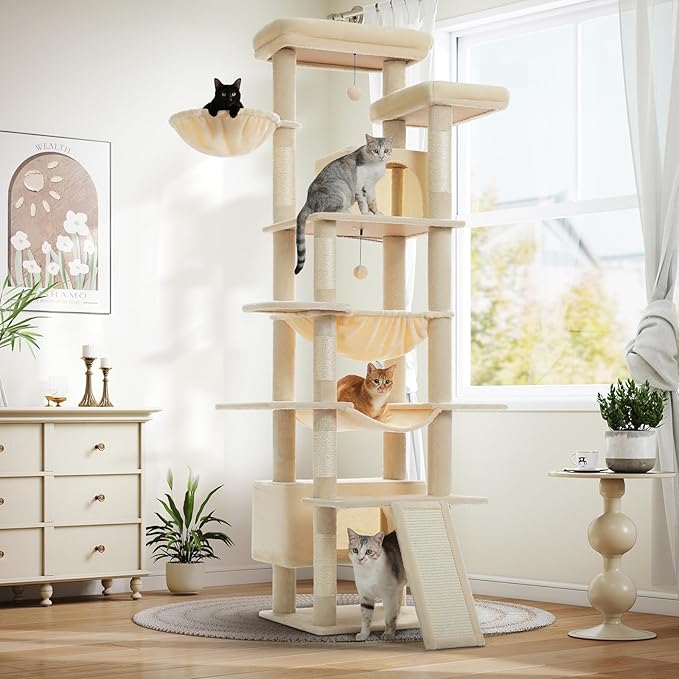 Large Cat Tree for Big Cats &amp; Multi-Cat Homes, 81 Inch Tall Cat Tower with Sturdy Metal Hammock, 6 Sisal Scratching Posts, 2 Cozy Condos, 2 Top Perches - Multi-Level Cat Tower, Beige