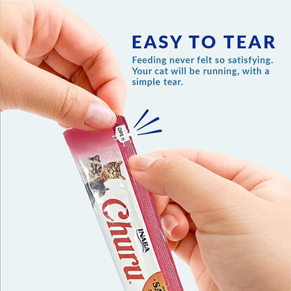 INABA Salmon Churu Cat Treats, Lickable, Squeezable Creamy Purée Cat Treat with Green Tea Extract &amp; Taurine, 0.5 Ounces Each Tube, 24 Tubes (4 per Pack), Salmon with Tuna Recipe