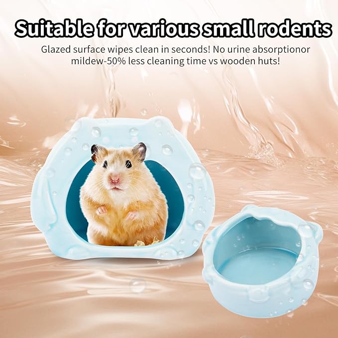 Bear-Shaped Hamster Hideout &amp; Food Bowl Set - Ceramic Habitat for Syrian Dwarf Hamsters, Mice, Gerbils - All-Season Use, Chew-Proof Ceramic House and Feeding Dish for Small Pets(Blue)