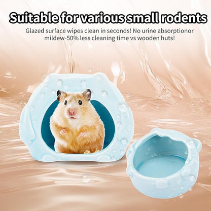 Bear-Shaped Hamster Hideout &amp; Food Bowl Set - Ceramic Habitat for Syrian Dwarf Hamsters, Mice, Gerbils - All-Season Use, Chew-Proof Ceramic House and Feeding Dish for Small Pets(Blue)
