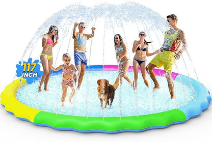 VISTOP Non-Slip Splash Pad for Kids and Dog, Thicken Sprinkler Pool Summer Outdoor Water Toys - Fun Backyard Fountain Play Mat for Baby Girls Boys Children or Pet Dog (117 Inch, Red&amp;Yellow&amp;Green&amp;Blue)