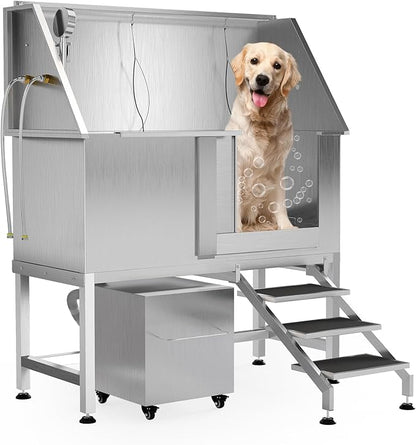 50" Stainless Steel Professional Dog Washing Station - Pet Bathing Tub w/Non-Slip Stairs &amp; Storage Shelf | Slip-Resistant Floor Grate | for Large/Medium/Small Dogs