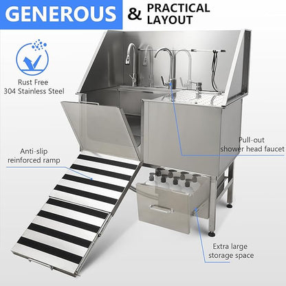 50" Dog Washing Station, Professional Stainless Steel Pet Dog Bathing Station with Ramp, Faucet, Storage Drawer, Floor Grate Dog Bathtub for Large, Medium, Small Pets (Right Ramp)