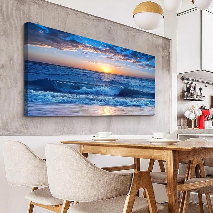 Lapremoly Framed Canvas Wall Art - Large Blue Ocean Beach Wall Painting for Living Room, Bedroom &amp; Office - 24" x 48"