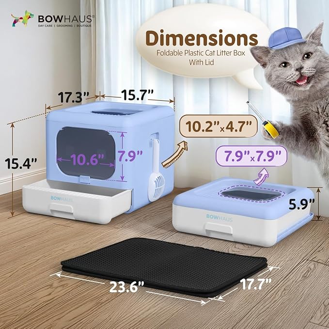 Foldable Cat Litter Box w/Lid, Scoop &amp; Mat, Drawer Design Cat Toilet for Kitten, Two-Way Entry Kitty Litter Box, Odor Control &amp; Easy to Clean, Blue