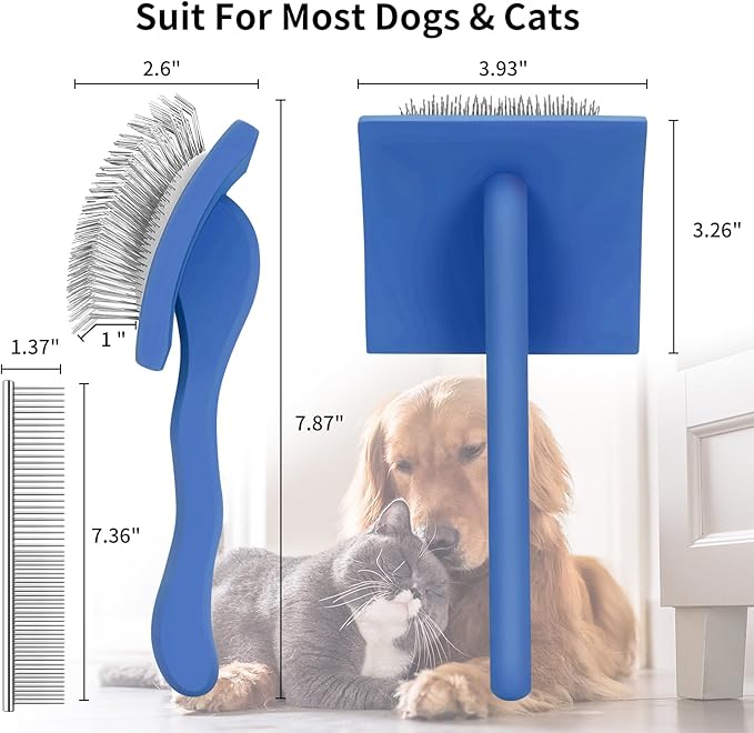 Slicker Brush for Dogs, Long Pin Dog Grooming Brush for Goldendoodles, Poodles, Doodles &amp; More, Includes Bonus Pet Comb, Perfect for De-Shedding, Dematting &amp; Reducing Tangles. Large, Blue