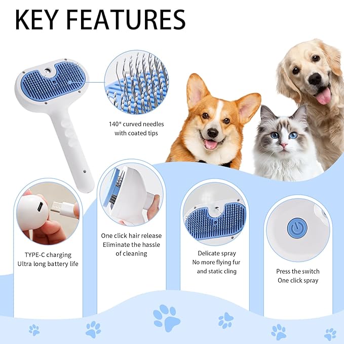 Cat Steam Brush for Shedding,3 In 1 Steam Brush for Dogs &amp; Cats,Spray Hair Removal Comb,Includes Waterless Shampoo,Suitable for Long-haired and Short-haired Pets