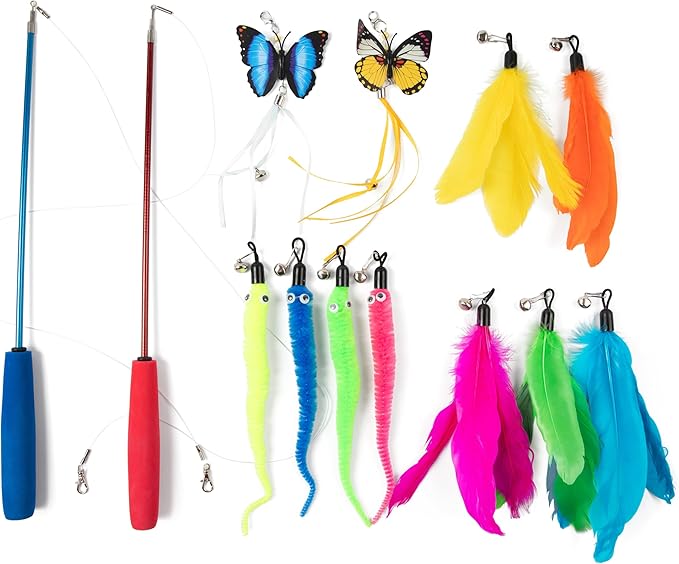 PAWSITIVE Interactive Cat Toys - Retractable Feather Wand with Refill Set 12PCS - Perfect for Indoor Cats to Chase, Exercise &amp; Bond with Their Owners