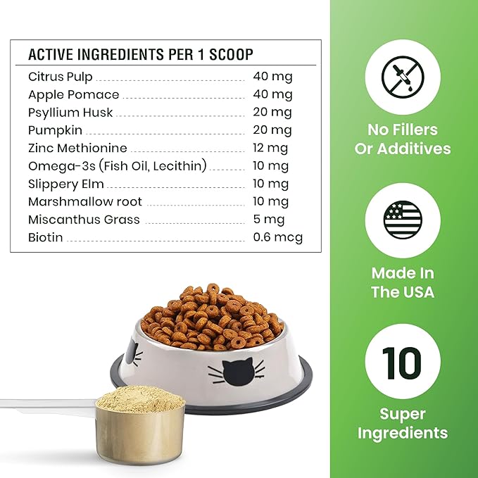 Hairball Support for Cats - 10 Super Ingredients for Hairball Relief, Digestive Support &amp; Healthy Skin - No Fillers - Psyllium, Pumpkin, Omega-3s &amp; More - 240 Scoops