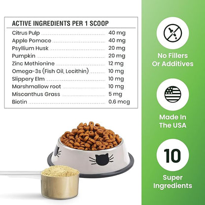 Hairball Support for Cats - 10 Super Ingredients for Hairball Relief, Digestive Support &amp; Healthy Skin - No Fillers - Psyllium, Pumpkin, Omega-3s &amp; More - 240 Scoops