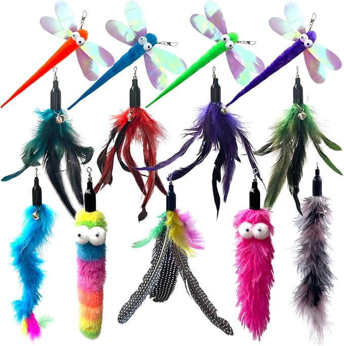 Cat Worm &amp; Dragonfly Teaser Wand Attachments - 13 Pcs Assorted Refills with Bell