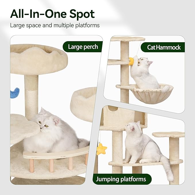 85inch Heavy Duty Cat Tree for Indoor Cats Large Adult, Tall Giant Cat Tower with Scratching Post, Large Perches, Cozy Cat Condos &amp; Hanging Hammocks, Beige