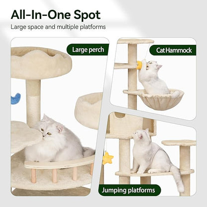 85inch Heavy Duty Cat Tree for Indoor Cats Large Adult, Tall Giant Cat Tower with Scratching Post, Large Perches, Cozy Cat Condos &amp; Hanging Hammocks, Beige