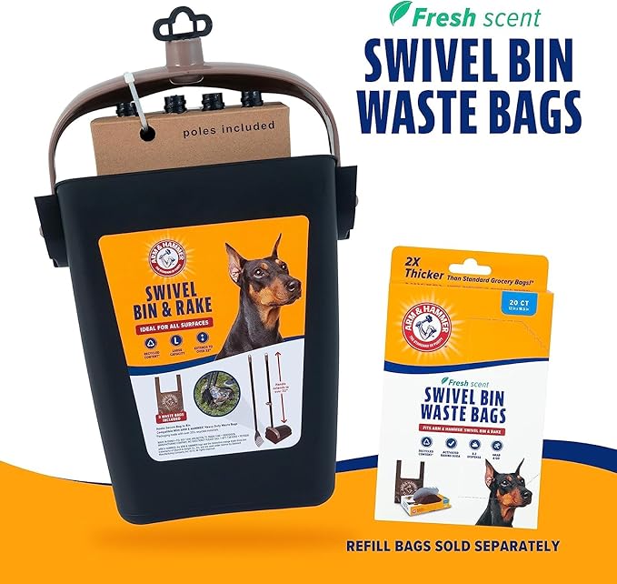 Arm &amp; Hammer Dog Pooper Scooper Swivel Bin &amp; Rake, Poop Scoop for Dogs, Black (2 Heavy Duty Scented Waste Bags Included)