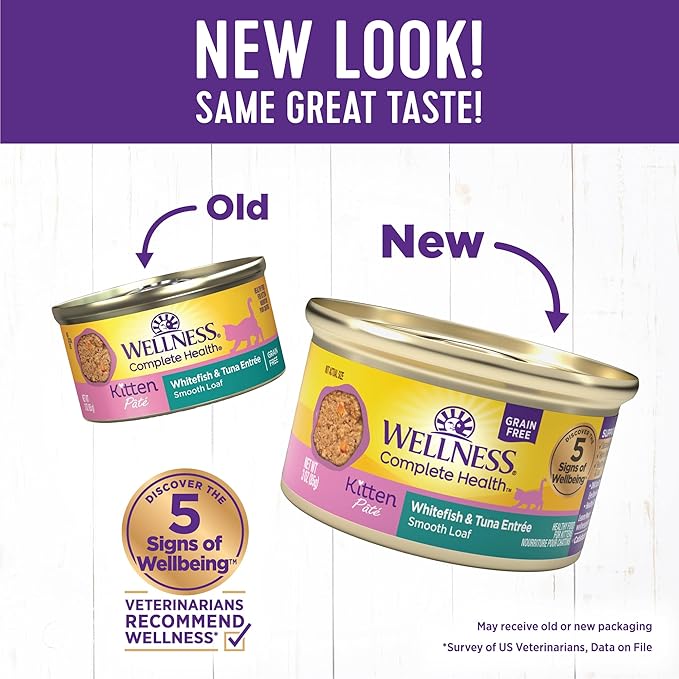 Wellness Complete Health Pate Kitten Wet Cat Food Canned Food, Natural, Protein-Rich, Grain Free, 3 Ounce Cans, 24 Pack, (Whitefish &amp; Tuna)