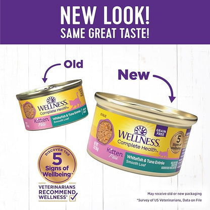Wellness Complete Health Pate Kitten Wet Cat Food Canned Food, Natural, Protein-Rich, Grain Free, 3 Ounce Cans, 24 Pack, (Whitefish &amp; Tuna)