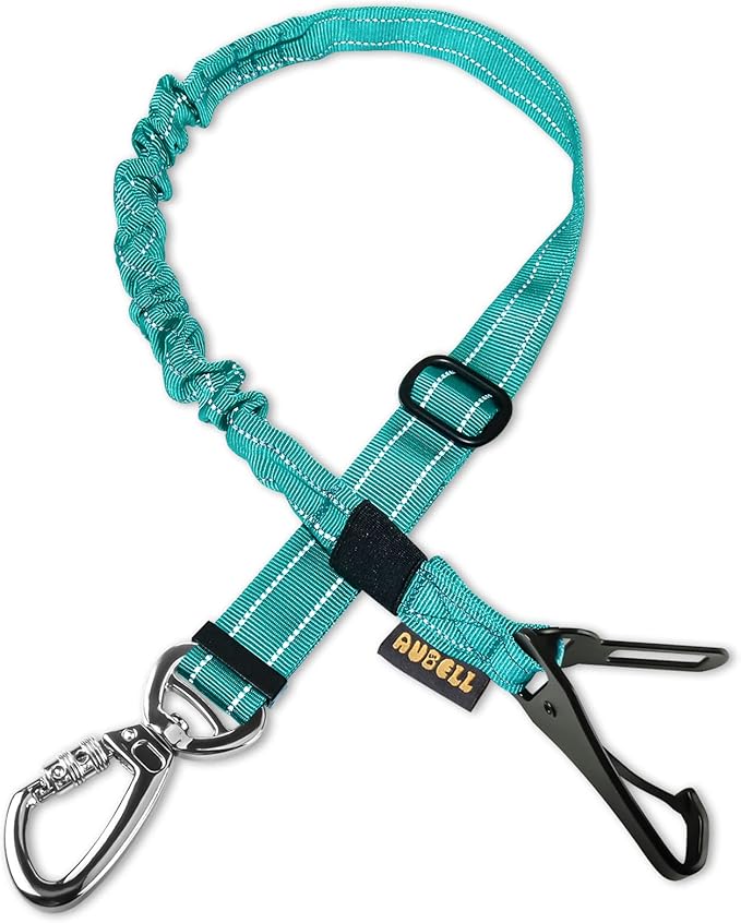 AUBELL Dog Seat Belt for Car,Updated 3-in-1 Adjustable Reflective Bungee Heavy Duty Dog Car Harness Tether with Clip Hook Latch &amp; Buckle,Swivel Zinc Alloy Carabiner,Teal
