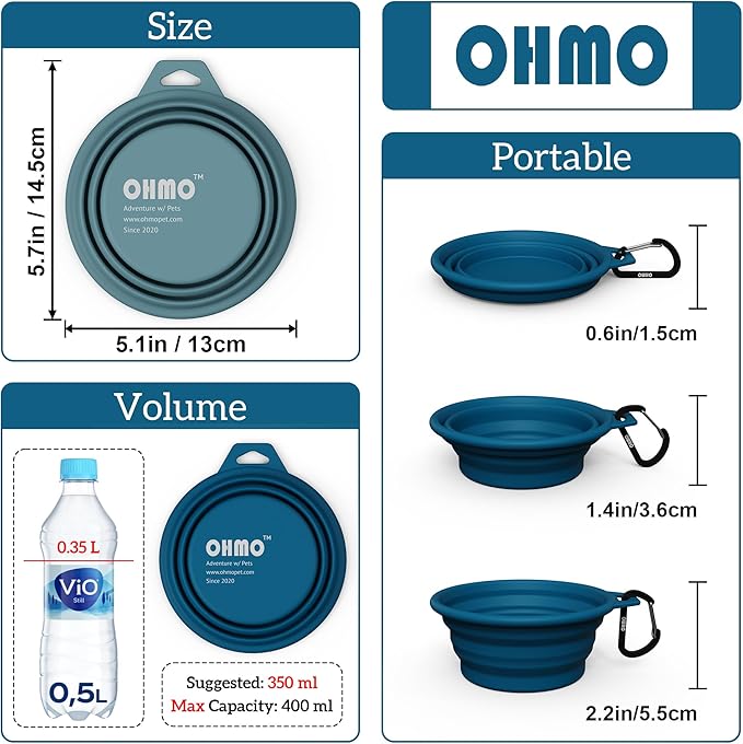 OHMO Collapsible Dog Bowl(2 Pack, Peacock&amp;Light Blue 12oz/400ml) Premium Silicone Pet Water Bowls for Cats &amp; Dogs, Portable Dog Travel Bowls Foldable for Outdoor Camping Hiking