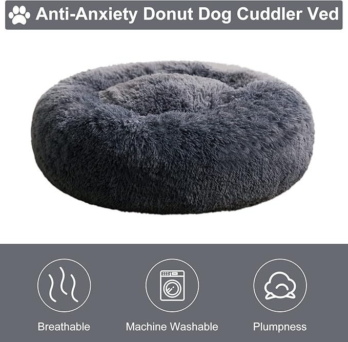 WNPETHOME Calming Dog &amp; Cat Bed, Anti-Anxiety Donut Bed, Fluffy Faux Fur Cushion for Small Dogs and Cats (24 x 24 x 8 Inch, Navy Grey)