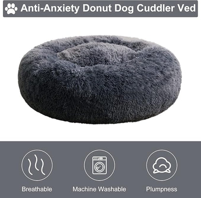 WNPETHOME Calming Dog &amp; Cat Bed, Anti-Anxiety Donut Bed, Fluffy Faux Fur Cushion for Small Dogs and Cats (24 x 24 x 8 Inch, Navy Grey)