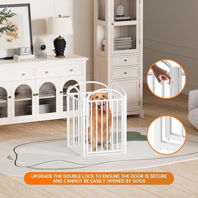 4 Panles Full Matel Freestanding Dog Gates with Door, 96"Extra Wide 32"Tall Free Standing Dog Pet Gate for Indoor &amp; Outdoor. Foldable Pet Fences for Doorways, House, Stairs, Porch, Deck, Yard