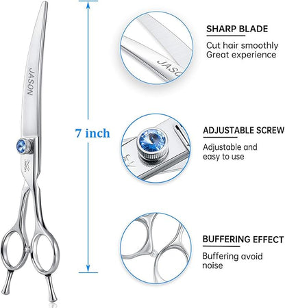 JASON 7" Curved Dog Grooming Scissors, Ergonomic Pets Cats Trimming Shears with Offset Handle and a Jewelled Screw for Right Handed Groomers, Sharp, Comfortable