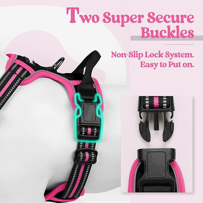 rabbitgoo Dog Harness No Pull with 2 Leash Clips, Adjustable Soft Padded, Reflective Oxford No Choke Pet Vest with Easy Control Handle for Large Dogs, Black &amp; Hot Pink, L