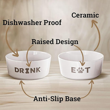 Ceramic Dog Bowl Set of 2 with Anti-Skid Base - 6.5" Wide x 2.5" Tall Ceramic Dog Bowls Medium Sized Dogs - 3.8 Cup Capacity Food and Water Bowls for Dogs - Rubber Bottom Pet Bowl Set of 2 Medium Size